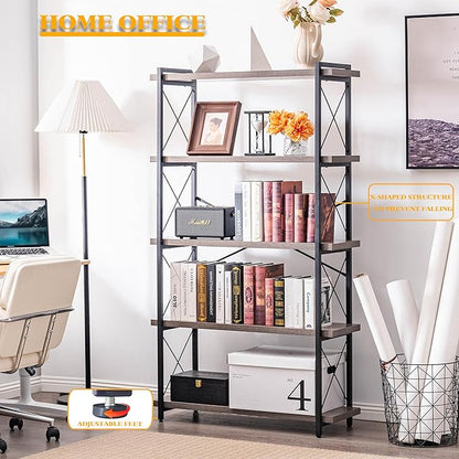 HCHQHS Bookshelf, 5-Tier Industrial Bookcase, Rustic Open Book Shelf, Freestanding Tall Bookshelves with Metal Frame