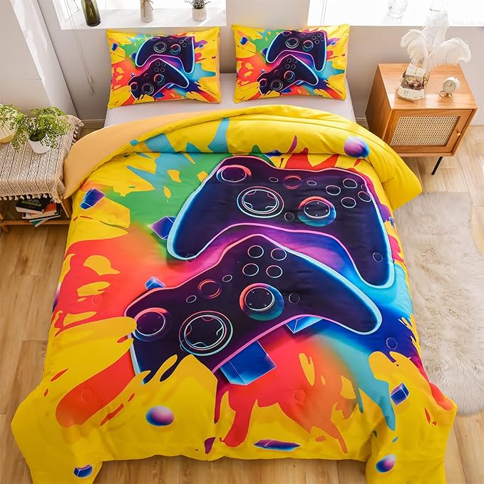 Aimuan Gaming Bedding Sets Gamer Room Decor 3D Gamepad Video Games Twin Size Comforter Sets for Boys Games Console Action Buttons Novelty Colorful Modern Home Quilt Set (Twin, Yellow)