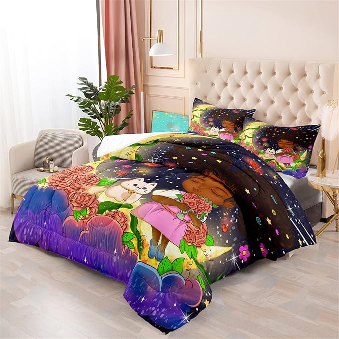 Black Girl Comforter Set - 3 Piece Black Girls Twin Comforter Set for Girls, All-Season Breathable Black Girl Bedding Set for Girls Bedroom Decor with,Queen Size, 1 Comforter + 2 Pillowcases