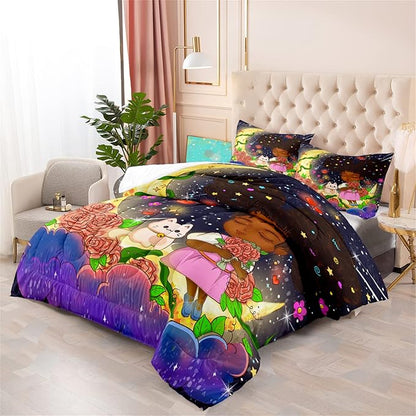 Black Girl Comforter Set - 3 Piece Black Girls Twin Comforter Set for Girls, All-Season Breathable Black Girl Bedding Set for Girls Bedroom Decor with,Queen Size, 1 Comforter + 2 Pillowcases