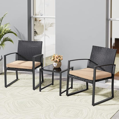 Shintenchi 3 Pieces Outdoor Patio Furniture Set, Modern Wicker Bistro Set, Conversation Rattan Chair of 2 with Coffee Table for Yard Porch Poolside Lawn(Khaki)