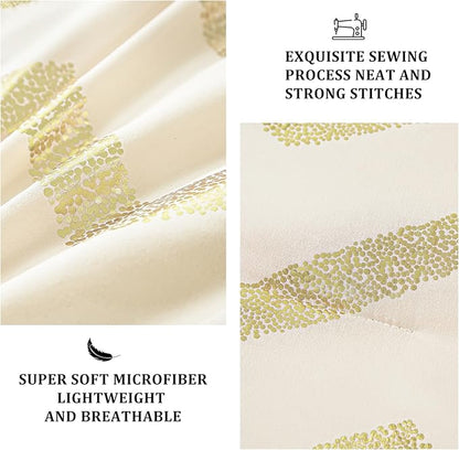 Cream Comforter Set Queen Size Metallic Gold Bedding Set All Season Lightweight Microfiber Comforter for Girls, 4 Piece (2 Pillow Shams + 1 Decorative Pillow Sham)