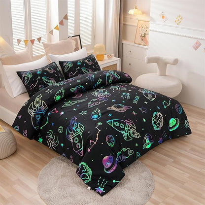 Aimuan Space Rocket Bedding Set Kid Comforter Set Full Size Super Soft & Cute Aliens UFO Printed Quilt Set for Teen Boys Girls (Black, Full)