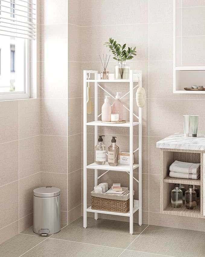 Bookshelf, Book Shelf, Industrial Bookcase with 2 Hooks, Coner Shelf Storage Organizer for Home Office, Living Room, Bedroom, Kitchen, 4-Tier White BC10413W