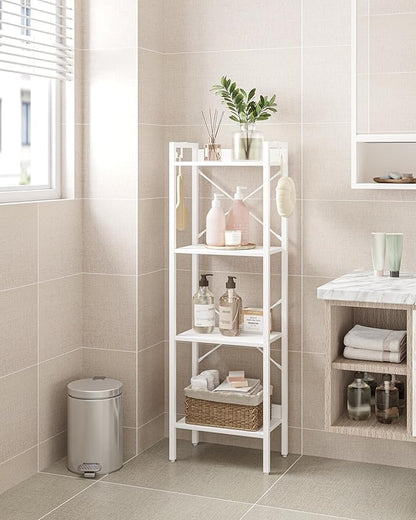 Bookshelf, Book Shelf, Industrial Bookcase with 2 Hooks, Coner Shelf Storage Organizer for Home Office, Living Room, Bedroom, Kitchen, 4-Tier White BC10413W