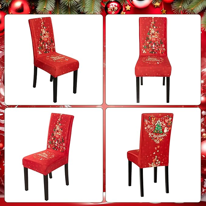 4PCS Christmas Dining Chair Covers, Stretch Removable Washable Dining Room Chair Protector Slipcovers, Xmas Tree Heart Kitchen Chair Cover, Slipcover Protector for Xmas Holiday Party Home Décor