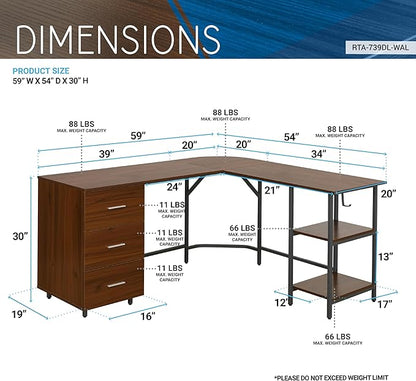 Techni Mobili L Shaped Desk - Two-Toned Computer Desk with Drawers & Storage Shelves - Simple Modern Furniture & Home Office Space Corner Table for Work & Writing
