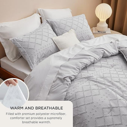 Bedsure King Size Comforter Set - Light Grey Comforter, Boho Tufted Shabby Chic Bedding Comforter Set, 3 Pieces Farmhouse Bed Set for All Seasons, Fluffy Soft Bedding Set with 2 Pillow Shams