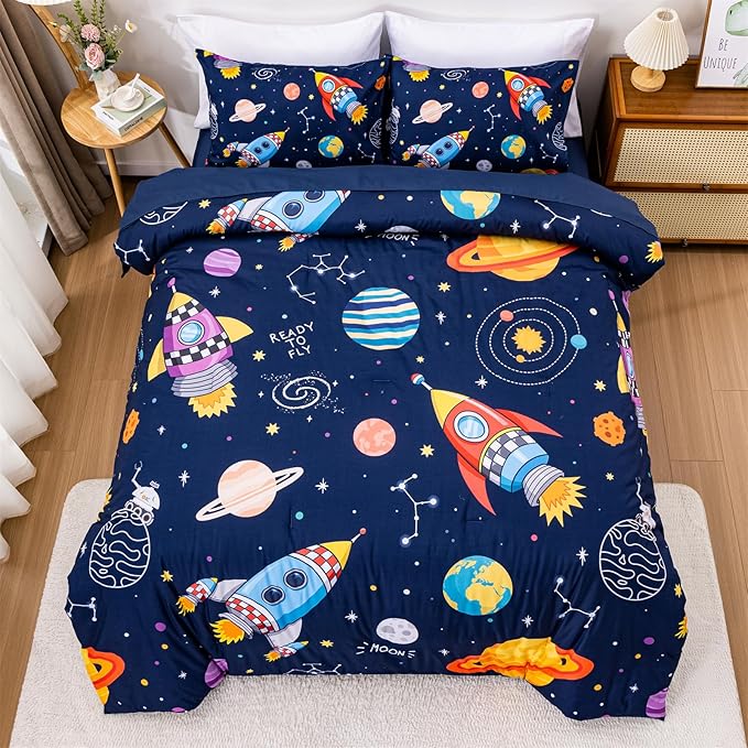 Aimuan Space Comforter Twin Set Kids Rocket Bedding Set Super Soft & Cute Aliens UFO Printed for Boys Girls Teen (Navy, Twin 5Pcs)