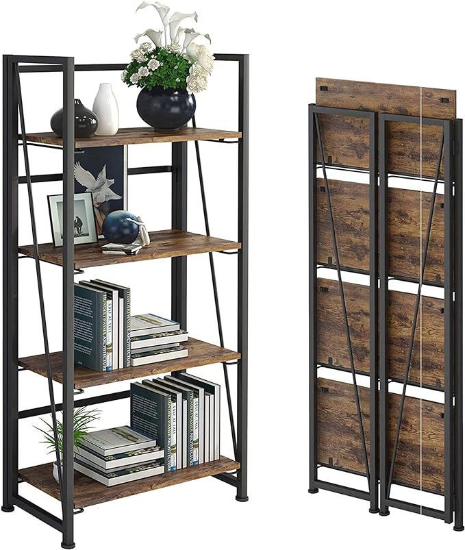 No-Assembly Folding Bookshelf Storage Shelves 4 Tiers Vintage Multifunctional Plant Flower Stand Storage Rack Shelves Bookcase for Home Office (Fire Board)