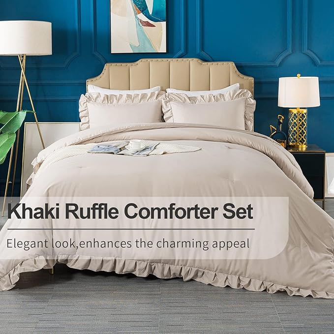 Andency California King Comforter Set Khaki (104x96Inch), 3 Pieces Cal King Ruffle Comforter, Oversized Farmhouse Shabby Chic Bed Comforter, Lighteweight and Soft Microfiber Bedding Set