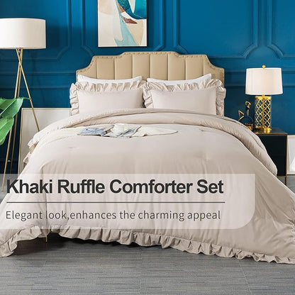 Andency California King Comforter Set Khaki (104x96Inch), 3 Pieces Cal King Ruffle Comforter, Oversized Farmhouse Shabby Chic Bed Comforter, Lighteweight and Soft Microfiber Bedding Set