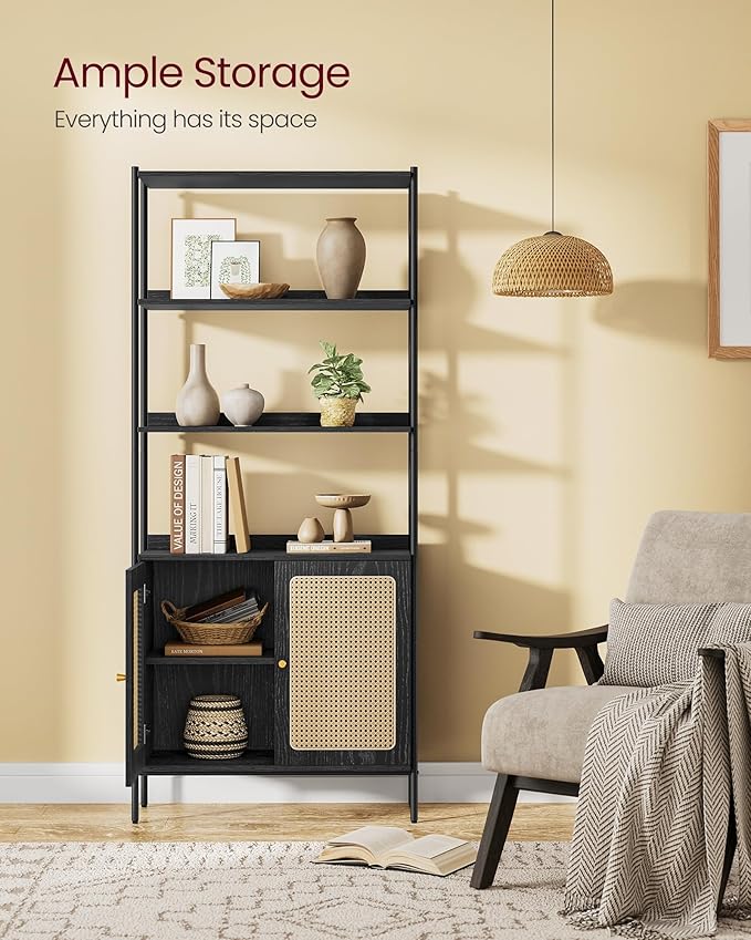 VASAGLE 6-Tier Bookcase, Bookshelf with Rattan-Like Door, Boho Style, Freestanding 30.1-Inch Wide Storage Shelf, Metal Frame, Adjustable Shelf, for Living Room, Ebony Black and Matte Black ULLS124B56