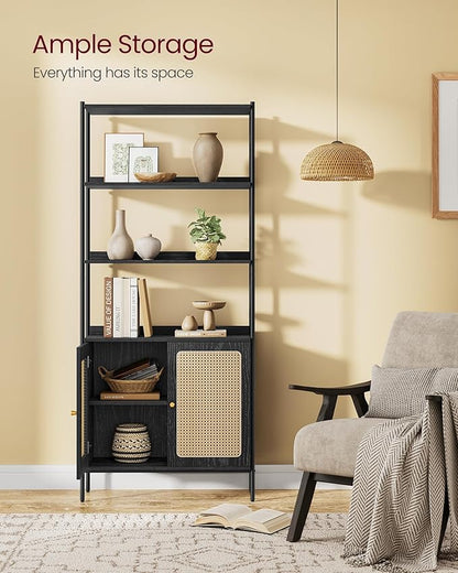 VASAGLE 6-Tier Bookcase, Bookshelf with Rattan-Like Door, Boho Style, Freestanding 30.1-Inch Wide Storage Shelf, Metal Frame, Adjustable Shelf, for Living Room, Ebony Black and Matte Black ULLS124B56