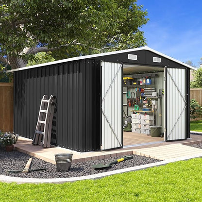 Aoxun 10 x 12FT Outdoor Storage Shed with Double Hinged Large Door Utility Garden Shed with Lockable Door & Sloped Roof Metal Sheds Outdoor Storage for Garden, Backyard, Patio and Backyard, Black