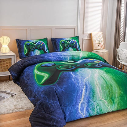 Meeting Story Gamer Gaming Bedding Sets Red Blue Lightnings Gamepad Comforter Set for Boys Games Console Action Buttons Novelty Colorful Modern Room Decor Home Quilt Set (Blue-Green, Full)