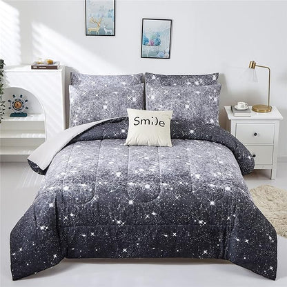 Grey Glitter Comforter Set Twin Size for Boys Teen, Sparkle Galaxy Twinkle Starlight Comforter for Kids Adult, 2 Piece Black Grey Ombre Bedding Set with 1 Pillow Case(Grey,Twin)