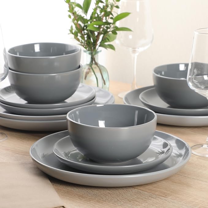 Gibson Home Rockaway 12 Piece Plates and Bowls Matte Outside/Shiny Inside Glaze Service for 4 Dinnerware Set - Blue - Dishwasher and Microwave Safe