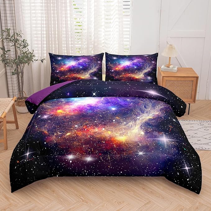 Tailor Shop Galaxy Comforter Space Kids Bedding Set Full Size, Purple Comforter for Girls with 2 Pillowcase