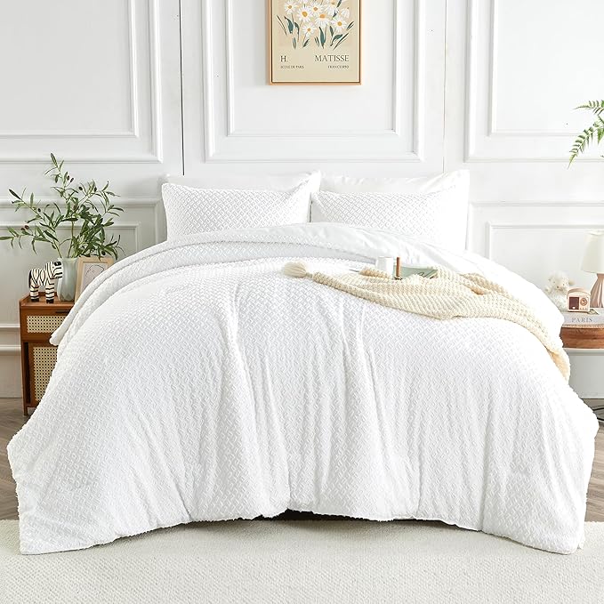 Queen Size Tufted Kids Comforter Set 7 Piece White Jacquard Tufts Embroidery Bedding Set for Boys Girls Bed in A Bag Quilt with 1 Comforter, 1 Flat Sheet, 1 Fitted Sheet, 2 Pillowcase, 2 Pillow Sham