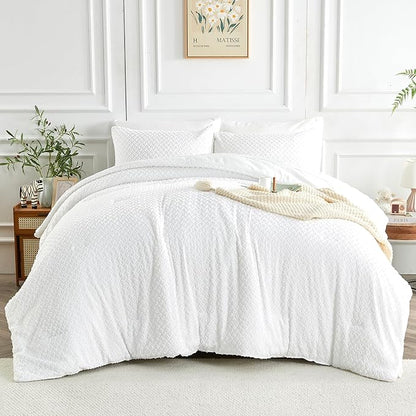 Queen Size Tufted Kids Comforter Set 7 Piece White Jacquard Tufts Embroidery Bedding Set for Boys Girls Bed in A Bag Quilt with 1 Comforter, 1 Flat Sheet, 1 Fitted Sheet, 2 Pillowcase, 2 Pillow Sham