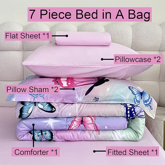 Girls Butterfly Comforter Set Bed in A Bag Twin Size 7 Piece 3D Purple Bedding Comforter Bed Set with Pillow Shams, Flat Sheet, Fitted Sheet, Pillowcases All Season
