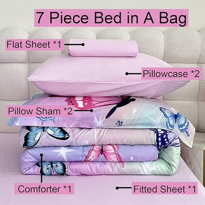 Girls Butterfly Comforter Set Bed in A Bag Twin Size 7 Piece 3D Purple Bedding Comforter Bed Set with Pillow Shams, Flat Sheet, Fitted Sheet, Pillowcases All Season