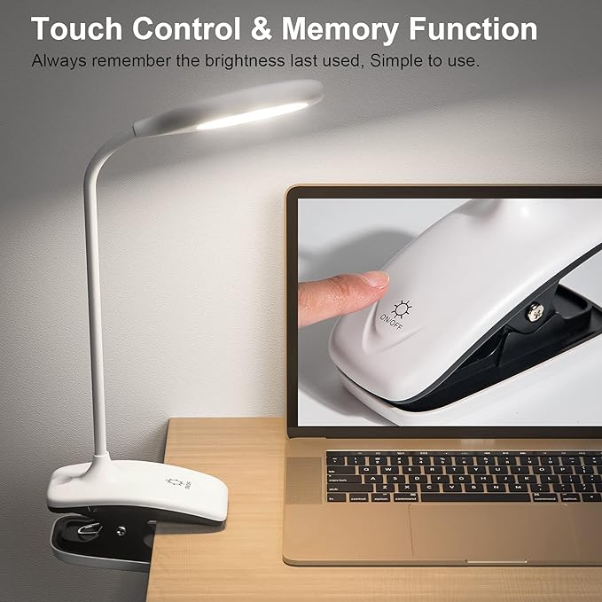 DEEPLITE LED Desk Lamp Clip on Lamp Battery Powered Clip on Light Book Light for Bed, Eye-Caring Flexible Arm Memory Touch 3 Color Modes & Stepless Brightness Portable Reading Light for Study Work.