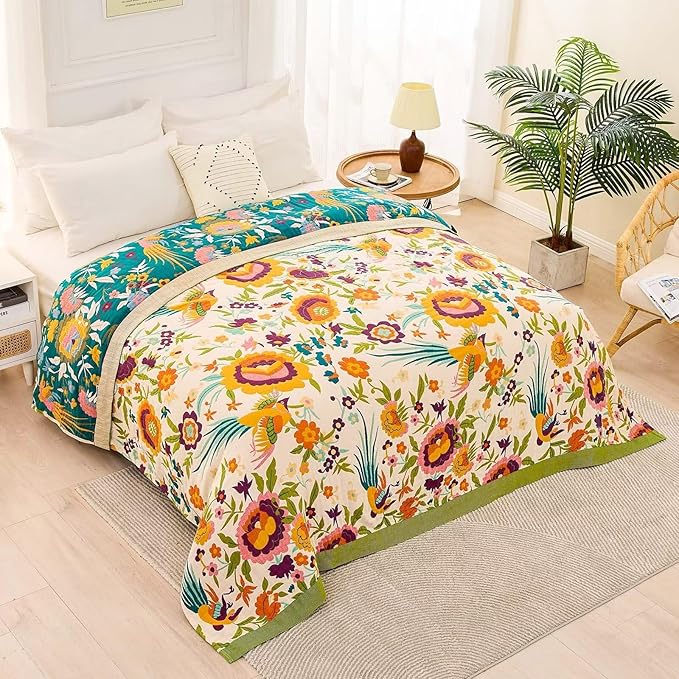 Boho Throw Blanket for Bed, 100% Cotton Soft Rustic Quilt Fall Blanket, 50"x60" Colorful Floral Printed Farmhouse Decor Bed Blankets, All Season Rustic Reversible Bohemian Throw Quilt