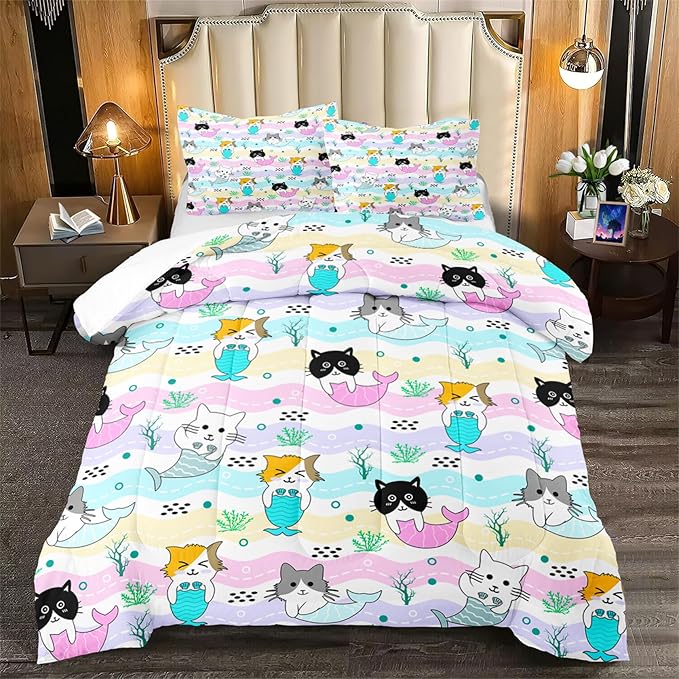 Girls Cat Bedding Set Queen Size - 3Pcs Cute Cartoon Mermaid Tail Cat Patterns Comforter Set for Girls Boys Kids Bedroom Cat Bedding Room Decor for All Season, 1 Comforter 2 Pillow Cases