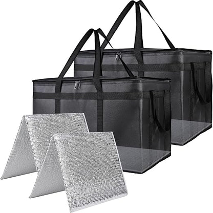 Bodaon Insulated Food Delivery Bag with Hard Bottom, XXXL, Black, 2 Pack | Heavy Duty Thermal Catering Tote for Hot Pizza, Cold Drinks & Meal Boxes for Delivery Staff, Restaurants, and Outdoor Events