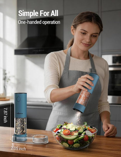 ThermoMaven Electric Salt and Pepper Grinder Set, 110ml Larger Rechargeable Automatic Salt and Pepper Mill Grinder with 6 Adjustable Coarseness, Electric Salt and Pepper Shakers, LED, Navy Blue