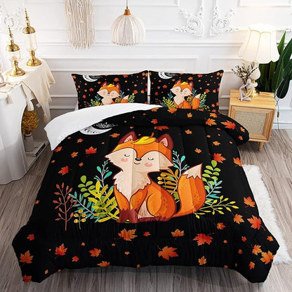 Cartoon Fox Comforter Set 3-Pieces Cute Fox Bedding Set Moon Plants Leaves Printed Quilt Set for Kids Boys Girls with 2 Pillowcases Twin