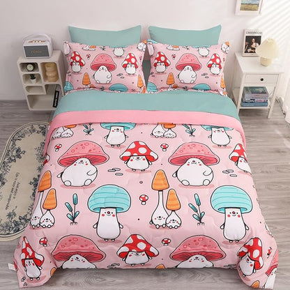 Wajade Kids Cute Mushroom Comforter Set Bed in A Bag Twin Size 7 Piece Pink Cartoon Mushroom Head Bedding Set for Girls (1 Comforter, 1 Flat Sheet, 1 Fitted Sheet, 2 Pillowcase and 2 Pillow Sham)