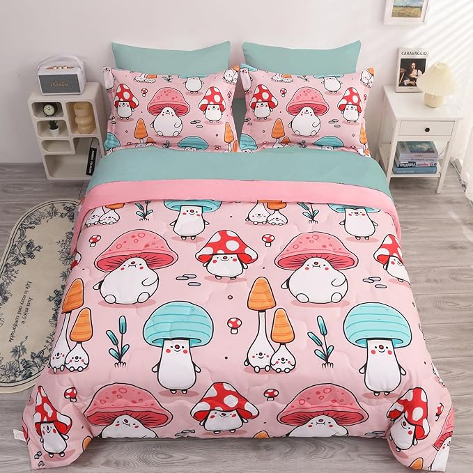 Wajade Kids Cute Mushroom Comforter Set Bed in A Bag Full Size 7 Piece Pink Cartoon Mushroom Head Bedding Set for Girls (1 Comforter, 1 Flat Sheet, 1 Fitted Sheet, 2 Pillowcase and 2 Pillow Sham)