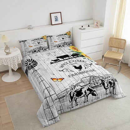 Farmhouse Windmill Comforter Set Full Size Rustic Farm Barn Door Bedding Comforter Sets for Cowboy Cowgirl, Vintage Western Cow Gifts Bedding Room Decor Butterfly Sunflowers Wooden Plank Duvet Insert