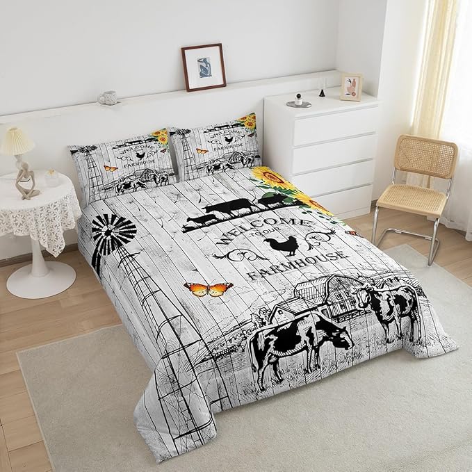 Rustic Windmill Bedding Comforter Sets Cowboys Farmhouse Comforter Set Twin Size, Western Farm Barn Door Bedding for Girls Boys Teens Sunflower Floral Western Cow Theme Quilt with 1 Pillowcase, Twin