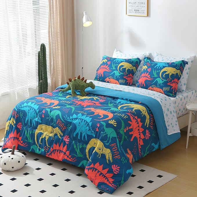 Wajade Boys Dinosaur Comforter Set Bed in A Bag Twin Size 7 Piece 3D Blue Dinosaur Print Bedding Set for Kids Teens(1 Comforter, 1 Flat Sheet, 1 Fitted Sheet, 2 Pillowcase and 2 Pillow Sham)