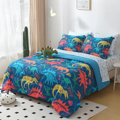 Wajade Boys Dinosaur Comforter Set Bed in A Bag Twin Size 7 Piece 3D Blue Dinosaur Print Bedding Set for Kids Teens(1 Comforter, 1 Flat Sheet, 1 Fitted Sheet, 2 Pillowcase and 2 Pillow Sham)