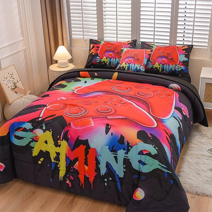 Aimuan Gamer Gaming Bedding Sets 3D Gamepad Comforter Sets for Boys Games Console Action Buttons Novelty Colorful Game Controller Modern Room Decor Home Quilt Set (Black, Full 6PCS)