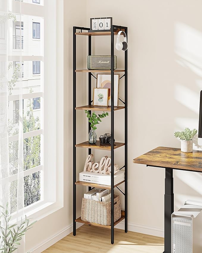 Bookshelf, Book Shelf, Industrial Bookcase with 2 Hooks, Coner Shelf Storage Organizer for Home Office, Living Room, Bedroom, Kitchen, 6-Tier Rustic Brown BC10701B