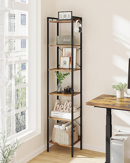 Bookshelf, Book Shelf, Industrial Bookcase with 2 Hooks, Coner Shelf Storage Organizer for Home Office, Living Room, Bedroom, Kitchen, 6-Tier Rustic Brown BC10701B