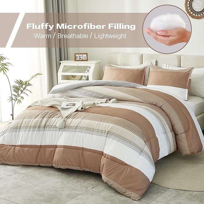 Litanika Full Size Comforter Sets Beige, 3 Pieces Lightweight Taupe Khaki White Colorblock Stripe Fluffy Bedding Comforter Sets, All Season Bed Set