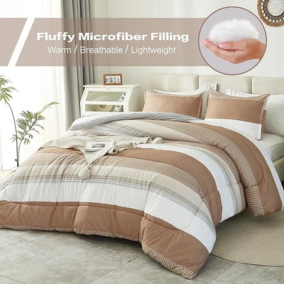 Litanika Full Size Comforter Sets Beige, 3 Pieces Lightweight Taupe Khaki White Colorblock Stripe Fluffy Bedding Comforter Sets, All Season Bed Set