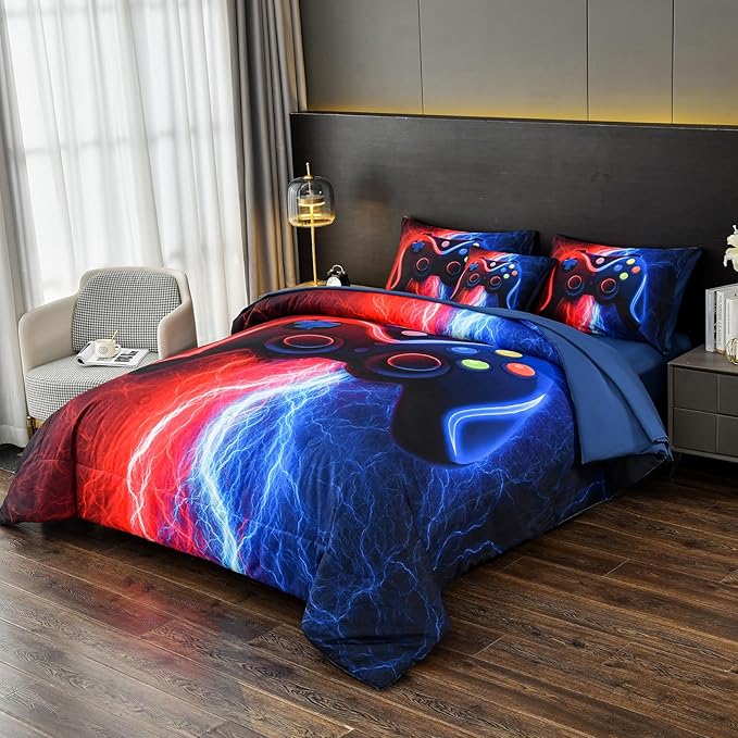 DORCAS Gamer Comforter Sets with Sheets for Boys,Full Size Gamer Bedding Sets Boys,6 Pieces Lightning Gaming Bedding Set for Boys Kids Teens(Red&Blue, Full)