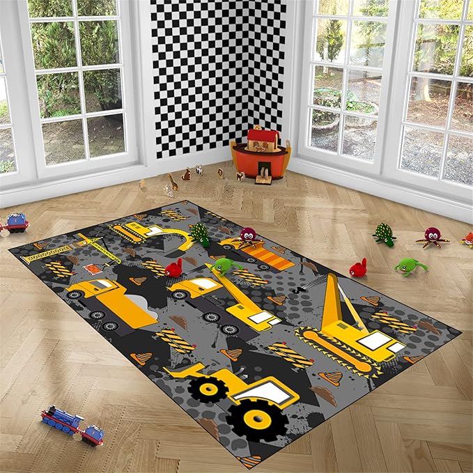 Construction Rugs for Boys Room Play Rug for Cars and Trucks Car Rug Play Mat Kids Rugs for Playroom Car Rug for Boys Room Construction Decor for Boys Room,Grey 3'×4'