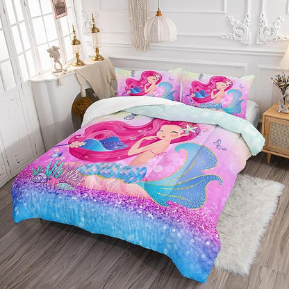 Mermaid Butterfly Comforter Set Twin Size Fairy Tale Sea Shell Grass Bedding Set Colorful Rainbow Quilt Bed Set for Kid Girls with 1 Comforter and 2 Pillowcases
