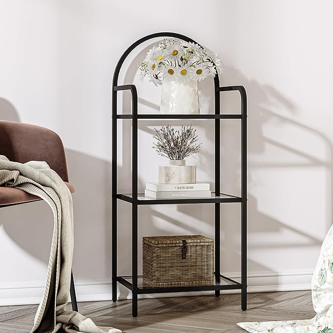 Bookcase Bookshelf, Tempered Glass Bookshelves, Slim Shelving Unit for Bedroom, Bathroom, Home Office, Steel Frame, 3 Tier Black BC10301B