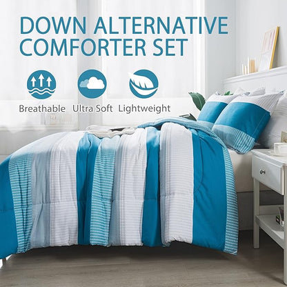 Andency Stripe Comforter Set Twin Size (66x90 Inch), 2 Pieces Teal Patchwork Striped Comforter, Soft Microfiber Down Alternative Comforter Bedding Set with Corner Loops