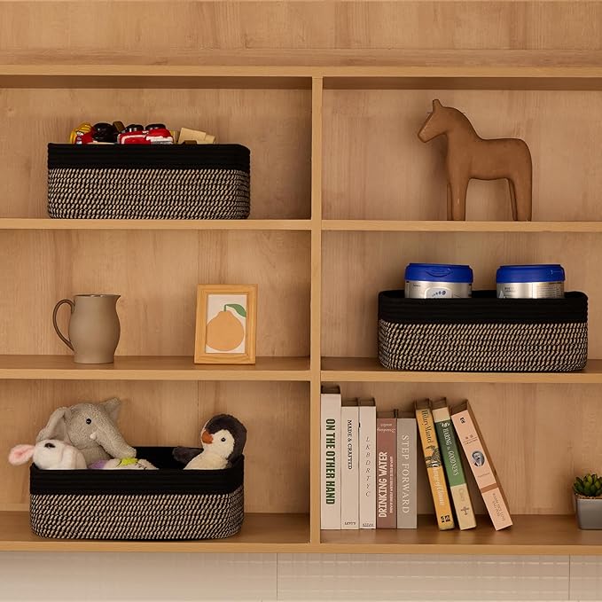 Large Shallow Organizing Baskets 15x11x5.1 Inches - Rope Woven Storage Bins for Bathroom, Shelves, Cube Closet, Black Woven Brown 2 Packs